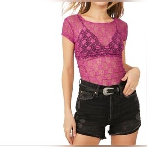 FREE PEOPLE NWT WOMEN'S KEEP IT SIMPLE LACE SHORT SLEEVE TOP Size Small